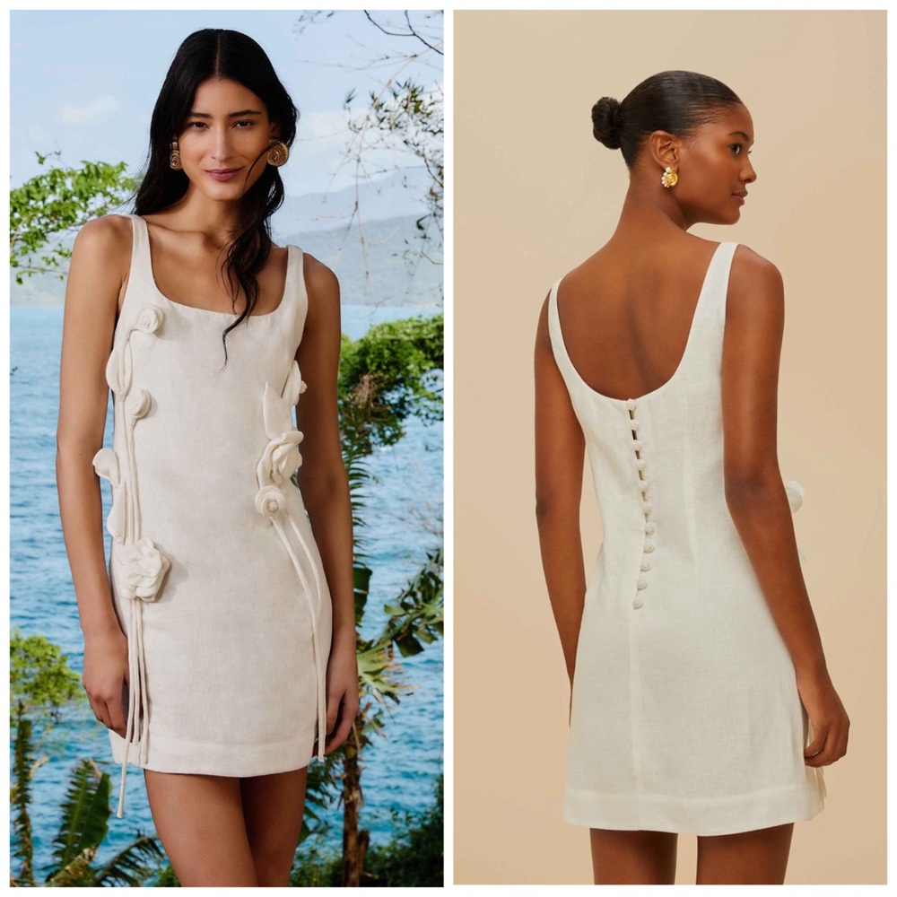 Farm Rio Off White Floral Applique 3D Linen Mini Dress Sleeveless XL